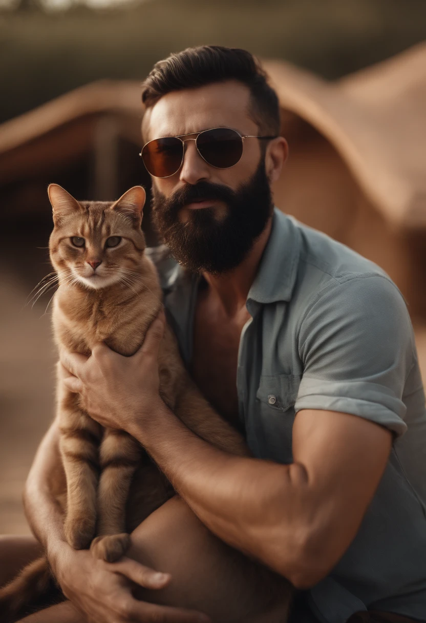 Handsome beard Turkish guy tall thin desert bikini showing armpit hug a cat sunglasses