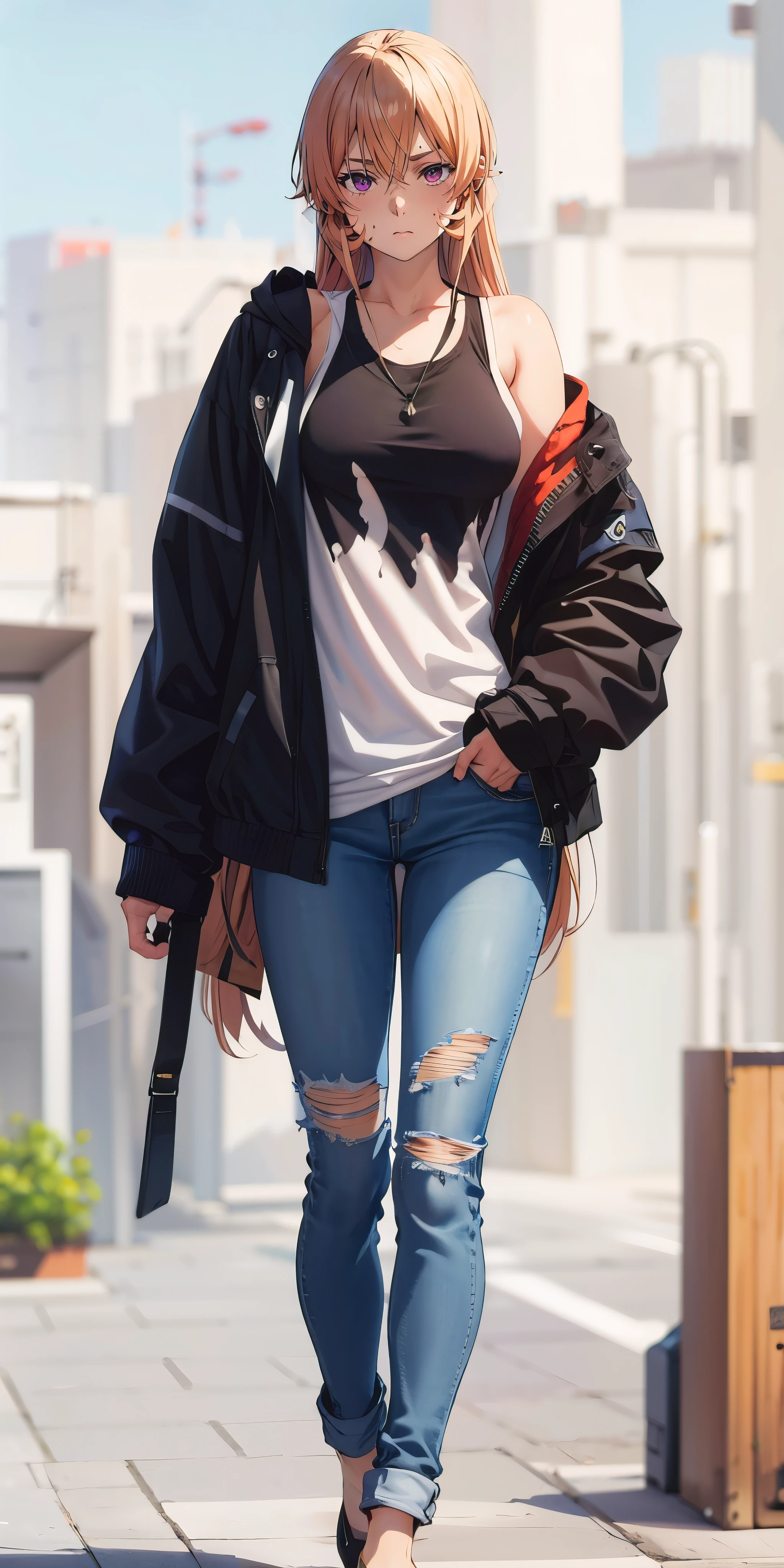 Erina_Prodigy, blonde hair, long hair, purple eyes, curvy, anatomically correct, heavy breathing, huge breasts, torn_clothes, torn_pants,  torn_jeans, pants, denim, jeans, 1girl,  jacket, blurry, black_jacket, torn_shirt, solo, torn_legwear, standing, depth_of_field, tank_top, blurry_background, looking_at_viewer, outdoors, city, "Photorealistic, Hyperrealistic, Hyperdetailed, analog style, soft lighting, subsurface scattering, realistic, heavy shadow, masterpiece, best quality, ultra realistic, 8k, golden ratio, Intricate, High Detail, film photography, soft focus", hollow eyes, purple eyes, looking at viewer, (heavy breathing:1.2), tired, steaming face, nsfw, nsfw art