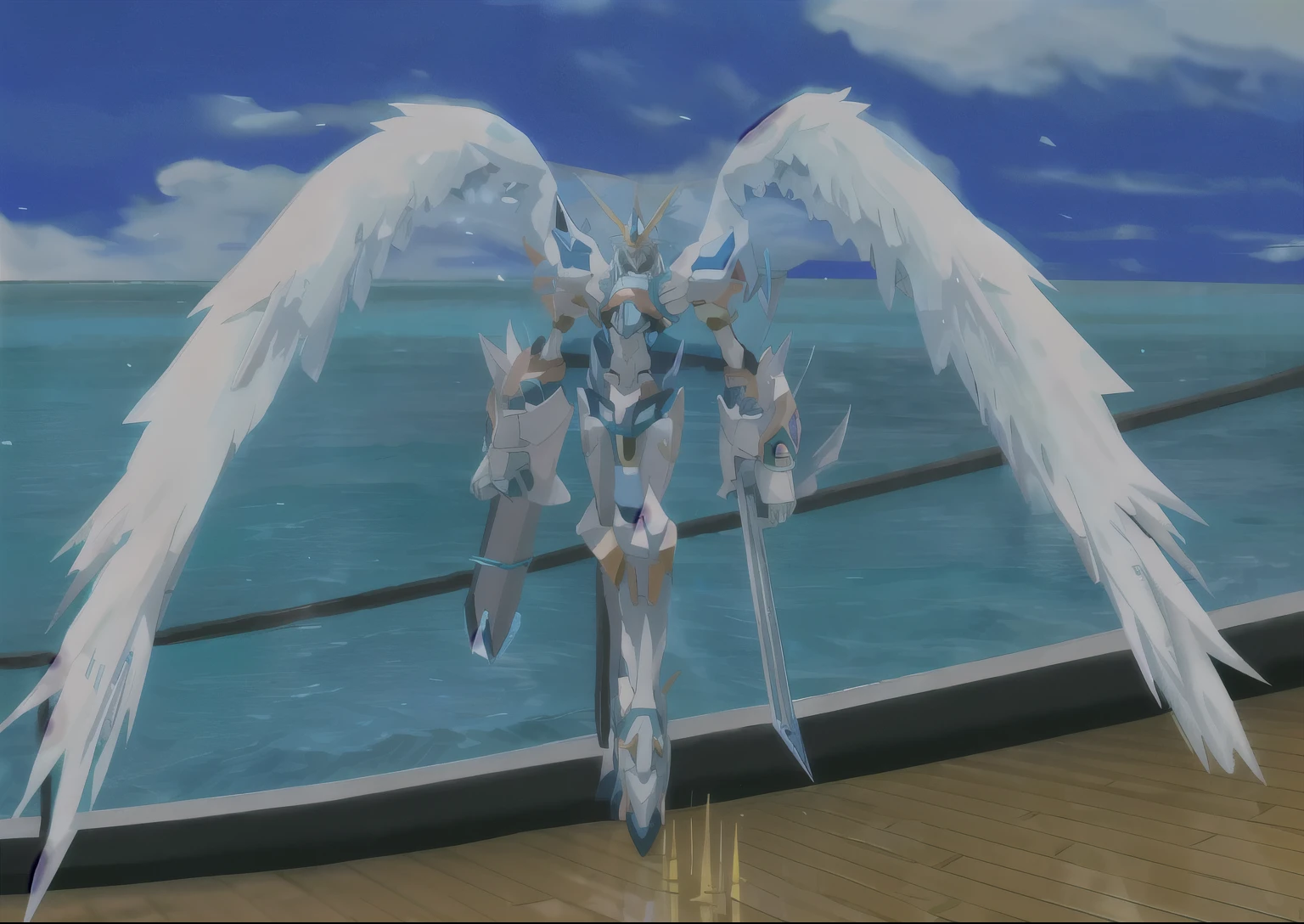 Anime Digimon Adventure Tri - Omegamon com asas angelicais majestosas brancas como a neve, but he has a weak and thin body because he is not very strong, evidenciar a fraqueza em seu corpo 