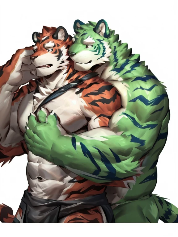 two muscular tiger , furry chest, muscular green tiger hug muscular tiger back, muscular green tiger stand behind, hug from behind, white background, perfect hand, thick furry neck and chest fluff, hand behind head, side view by lindong, by nullghost