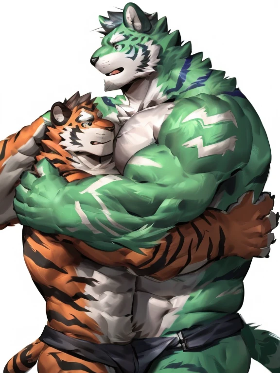 two muscular tiger , furry chest, muscular green tiger hug muscular tiger back, muscular green tiger stand behind, hug from behind, white background, perfect hand, thick furry neck and chest fluff, hand behind head, side view by lindong, by nullghost