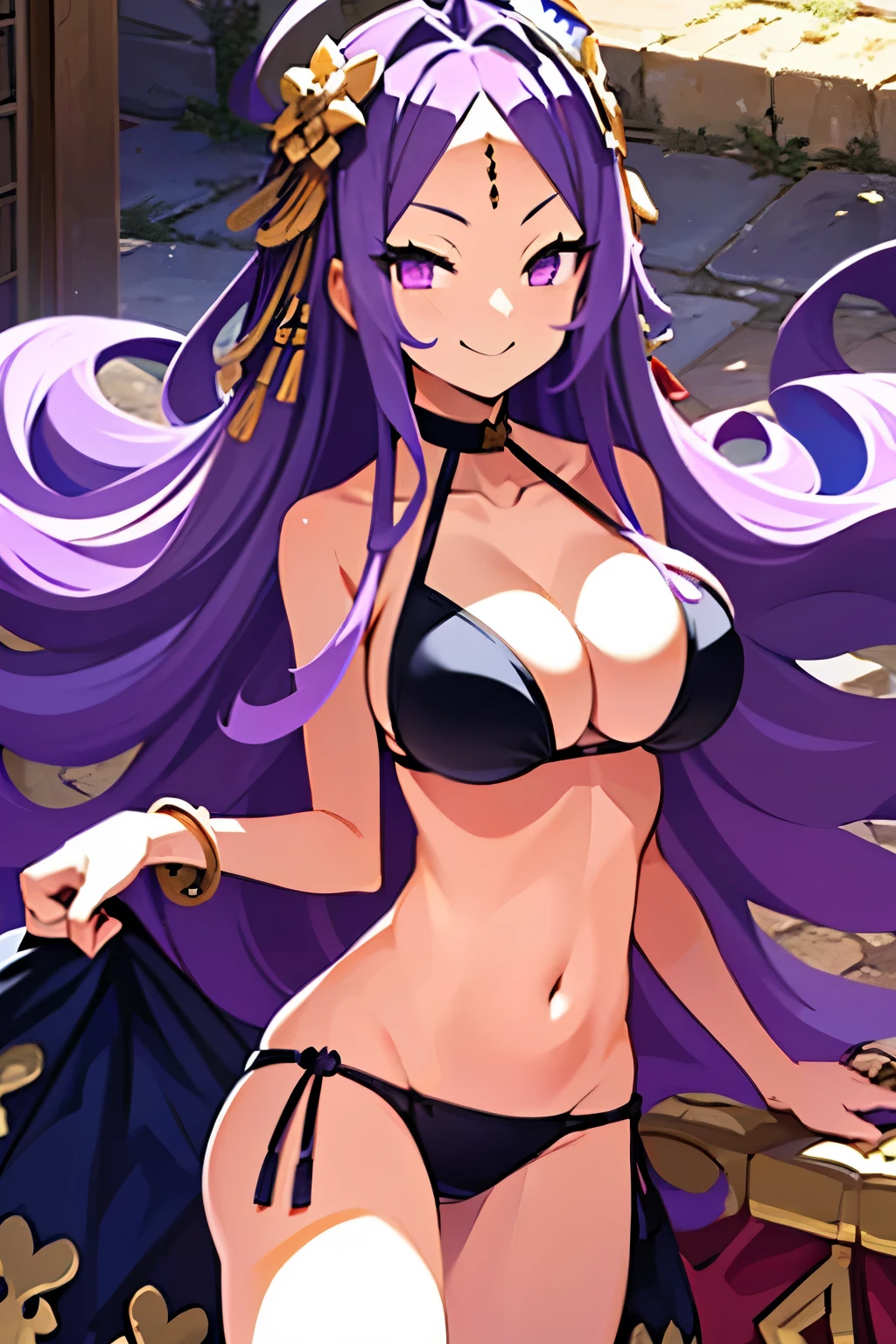(artwork, highest quality: 1.2), (artwork: 1.2), (highest quality: 1.2), (highest quality: 1.2), (Ultra-high resolution: 1.2), (CG wallpaper Highly Detailed 8k Unit: 1.2), Official Art, Looking at the Viewer, Fate/Grand Order, 1 Girl, Alone, Wu Zetian, Swimwear Wu Zetian, Wu Zetian, Wu Swimwear, Second Coming 3, Second Coming 3, Hair purple, ahoge, very long hair, bangs, hair ornament, purple eyes, smile, collarbone, big breasts, swimwear, bikini, black bikini, bare shoulders,