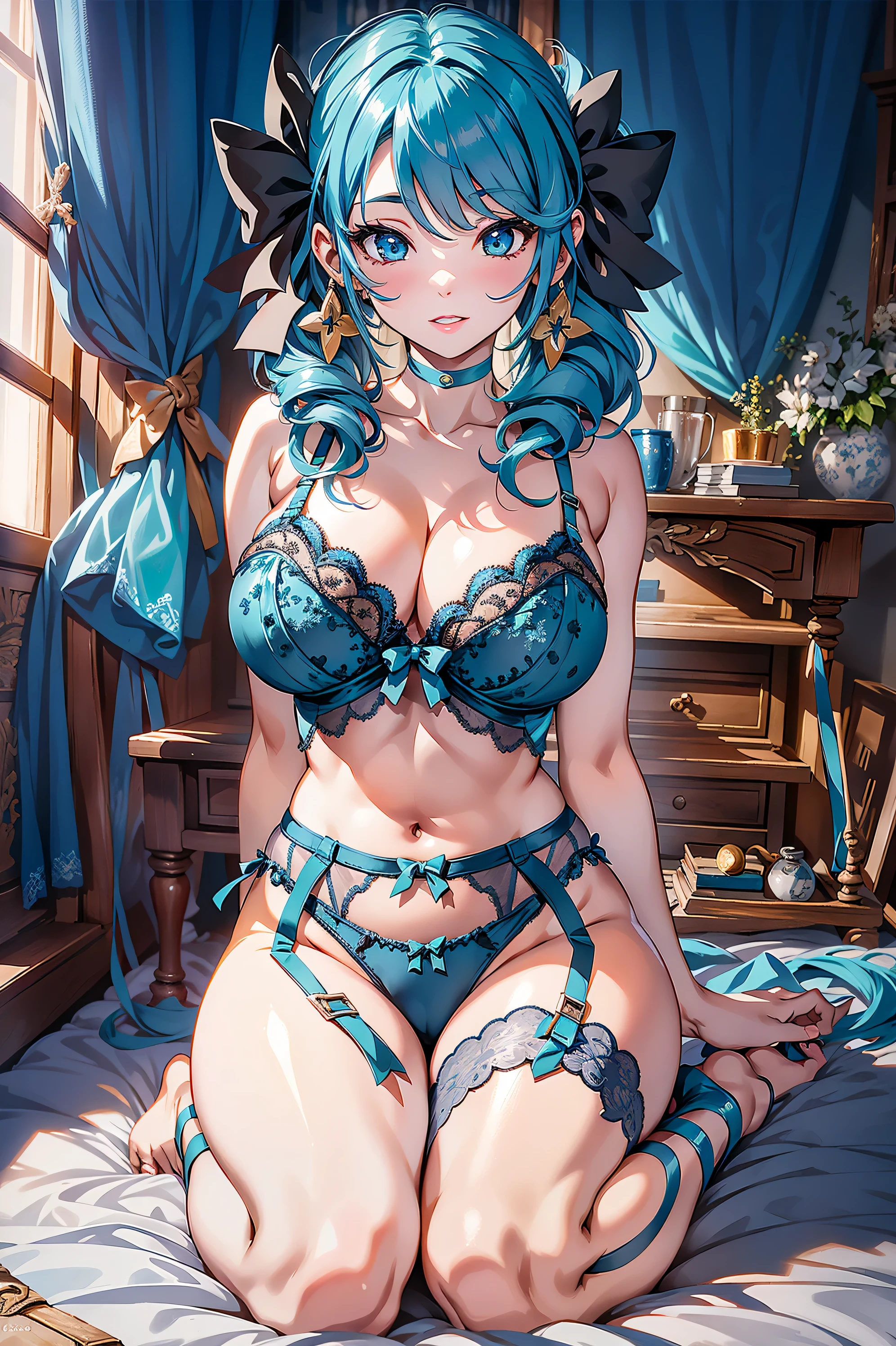 absurd, 8K, High Resolution, Ultra Detailed, Beautiful, Masterpiece, Best Quality, Very Pretty Woman, Young, Very Pretty Woman, Sexy, Straight Hair, Sexy, Detailed Female Face, Very Attractive, (blue lingerie:1.4), (big breasts:1.3) full body, Gwen, long hair, tw,intails, drill hair, bow, blue hair, hair bow, blue eyes, ,Gwen, ,btpt-fc, detail_face