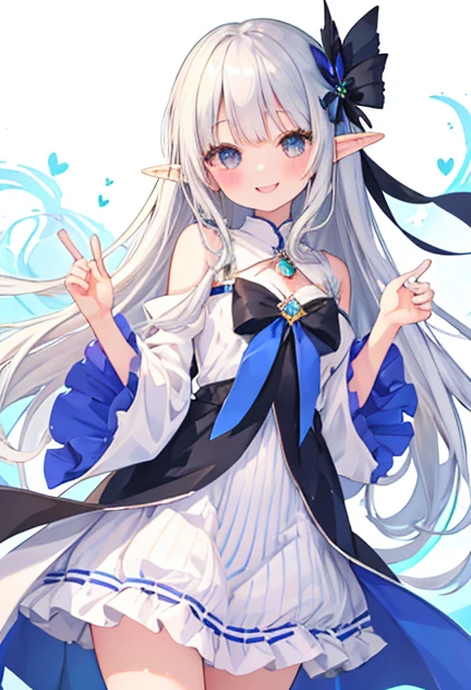 beautiful illustrations, highest quality, pretty girl,beautiful girl、clear face、 half girl、pastel colour ,silver hair、black eyes、smile、blush、にこやかなsmile、thighs、elf、fantasy、fantasy、hold out your hand、open hand、perfect hands、five fingers