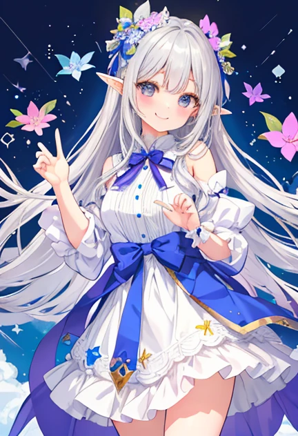 beautiful illustrations, highest quality, pretty girl,beautiful girl、clear face、 half girl、pastel colour ,silver hair、black eyes、smile、blush、にこやかなsmile、thighs、elf、fantasy、fantasy、hold out your hand、open hand、perfect hands、five fingers