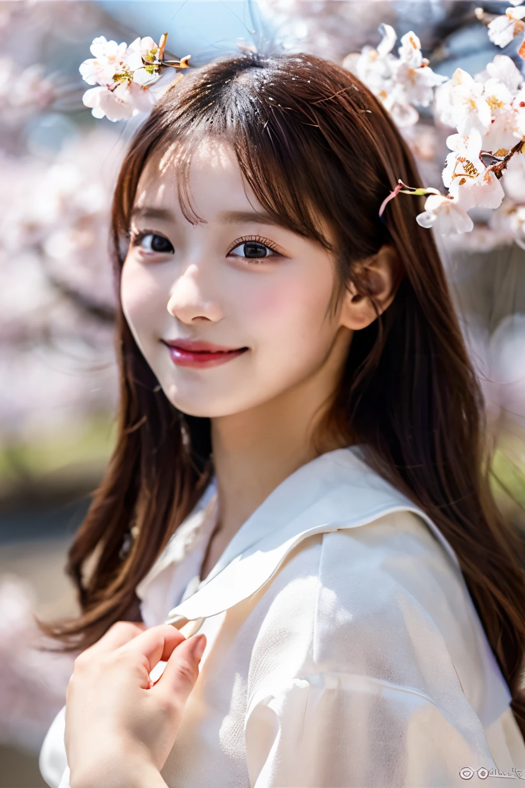 (highest quality、table top、8K、best image quality、Award-winning work)、masterpiece,debris flies,highest quality,professional quality,girl,20-year-old,nice smile,clear eyes,standing in front of the cherry blossoms,upper body shot,fluttering hair,long hair,bright clothes,The background is a cherry tree,(Many cherry blossoms are blooming in high places:1.2),cinematic lighting,cinematic performance、(perfect anatomy:1.1)、、Ultra high definition beauty face、ultra high definition hair、Super high-definition sparkling eyes、(Ultra high resolution bright and glowing skin:1.1)、Super high resolution glossy lips、elegant posture