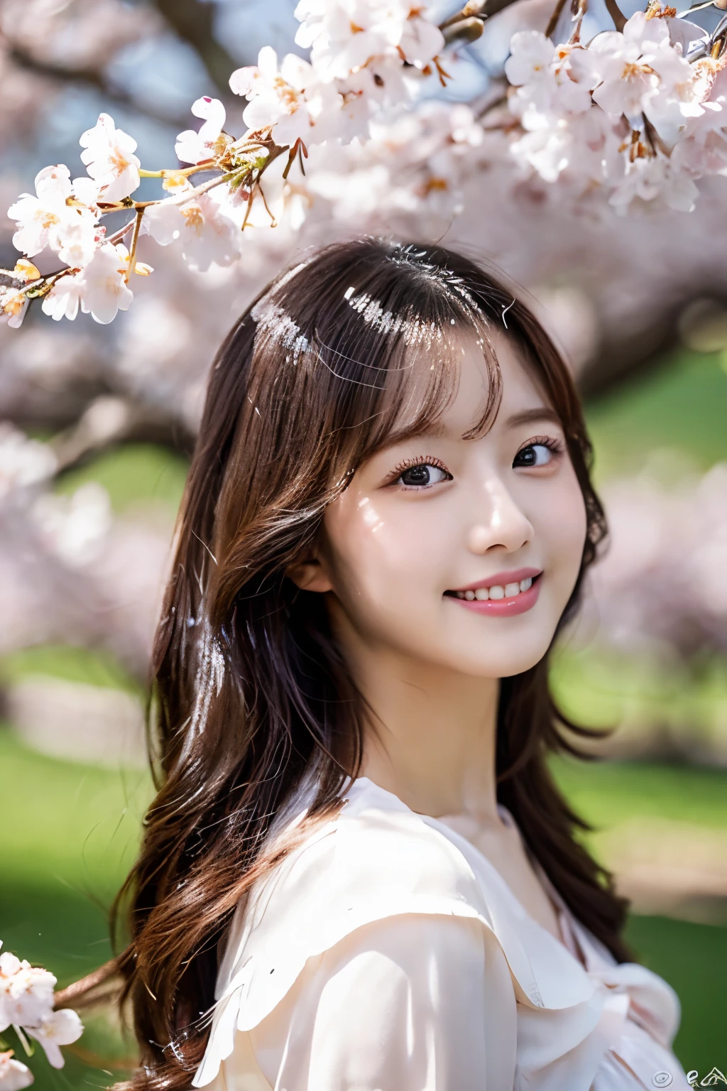 (highest quality、table top、8K、best image quality、Award-winning work)、masterpiece,debris flies,highest quality,professional quality，girl，20-year-old,nice smile,clear eyes，standing in front of the cherry blossoms，upper body shot，fluttering hair，long hair，bright clothes，The background is a cherry tree，(Many cherry blossoms are blooming in high places:1.2)，cinematic lighting，cinematic performance、(perfect anatomy:1.1)、、Ultra high definition beauty face、ultra high definition hair、Super high-definition sparkling eyes、(Ultra high resolution bright and glowing skin:1.1)、Super high resolution glossy lips、elegant posture
