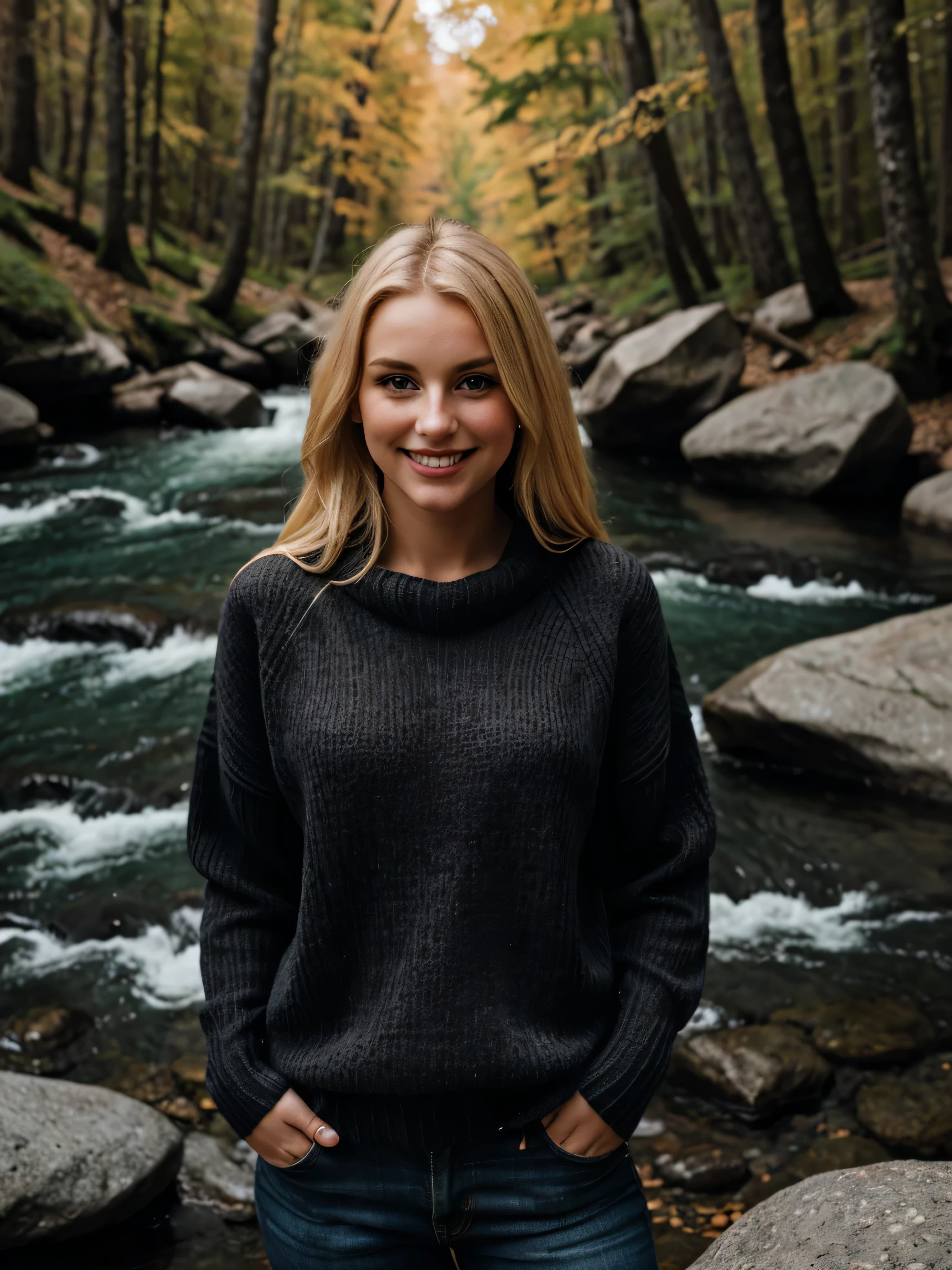 a closeup dark shot photo of a blonde with perfect eyes, smile, full photo standing, same face, legs also visible, river , woods, forest, wearing sweater, clear sky, rocks