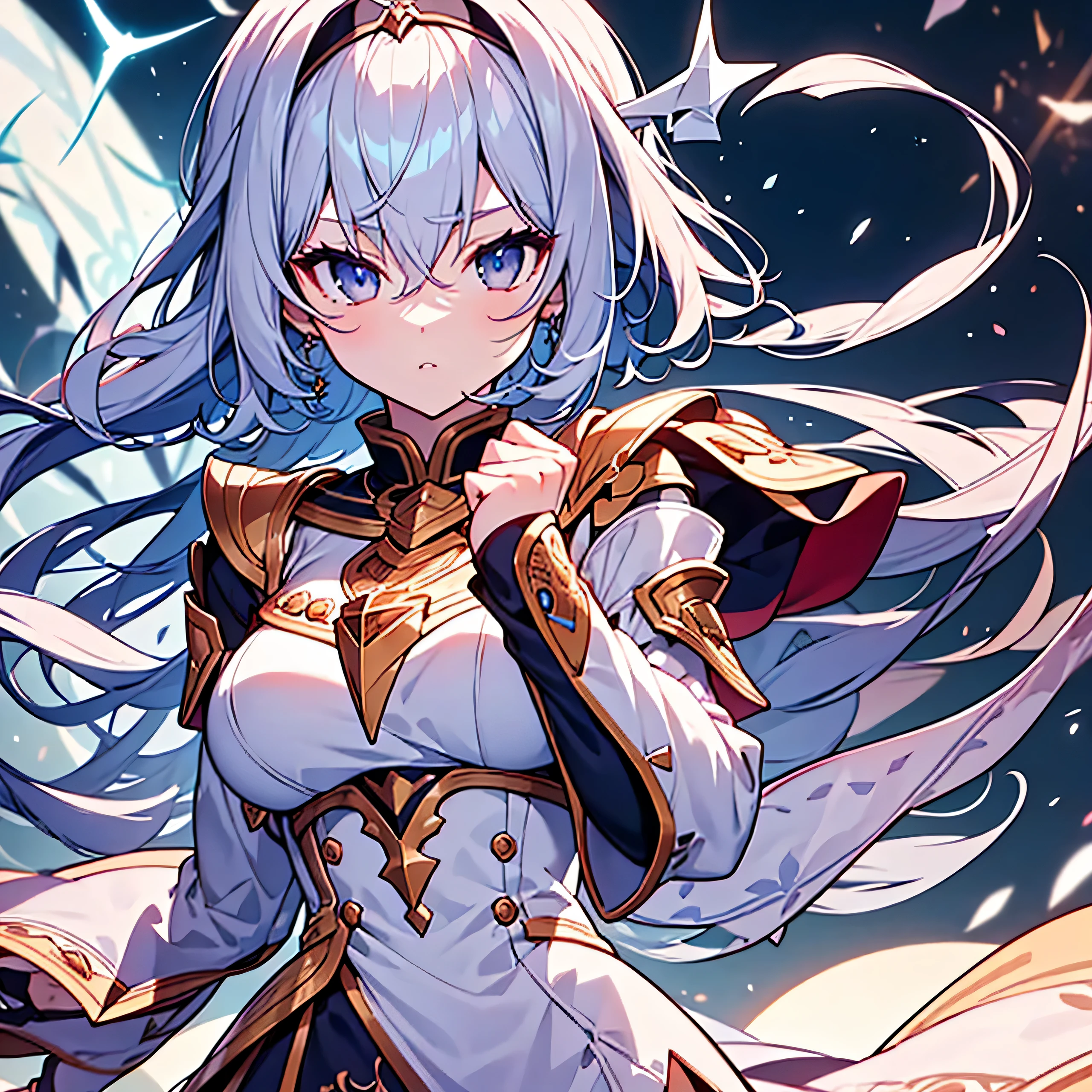 Detailed clenched fist,Pale-haired girl１people,high quality,masterpiece, 最high quality, rental,intricate details, extreme details, 4k,confused,Detail view,High resolution, anime screenshot, fantasy, knight,paladin,Gorgeous detailed white armored dress, Silver Gauntlet, capelet, greaves,breastplate,pauldron, cuff, full armor, jewelry, sacred aura,Long Shining Holy Gauntlet,particles of light, pale eyes, translucent hair, bangs, short hair, shaggy hair,,with one people, thin,parted lips, tsurime, long eyelashes, compensate,eye shadow, strict, Snow floating in the air, zoom out,wide shot, written boundary depth ,moving line, outdoor,, looking at some