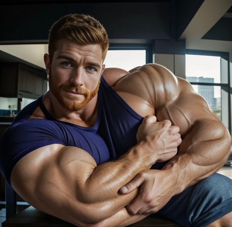 ginger daddy, (1boy), (soft smile), tan skin, (natural daylight:1.3), flexing biceps, perfect biceps, round biceps, arm flexed, bicep flexing pose, (good face:1.5), (male model:1.3), dimly lit, dark studio, Face the mix of David Henrie an Josh Hutcherson on a matured man with a beard, ginger, bodybuilder competition flexing poses, showing off biceps, handsome, (beautiful:1.3), gorgeous, high quality face, ginger, beefy, bulky, very large muscles