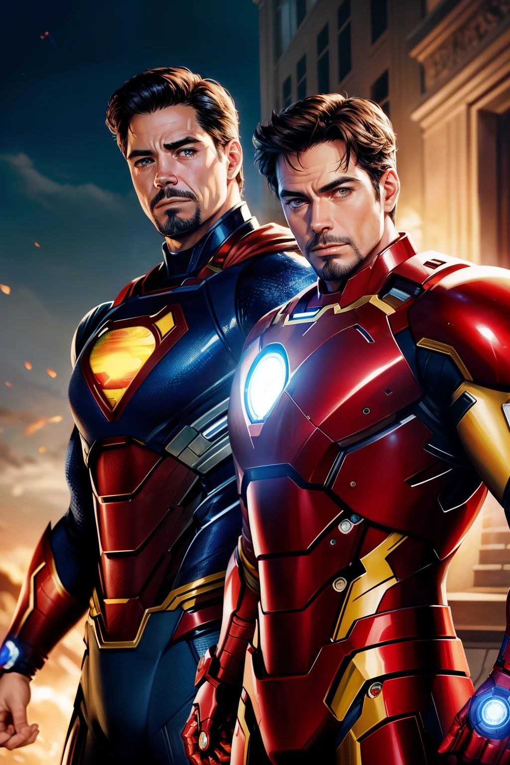 Create an image where Henry Cavill's Superman and Robert Downey Jr.'s Iron Man team up together to fight crime, hyperrealistic --s2

In this masterpiece of a comic book illustration, Henry Cavill's Superman and Robert Downey Jr.'s Iron Man stand side by side, their determined expressions showcasing their unwavering commitment to justice. The best quality, ultra-high resolution image captures every intricate detail of their costumes - Superman's iconic red and blue suit, shiny with perfection, and Iron Man's state-of-the-art armor, with metallic sheen and precise lines.

The peaceful setting is replaced by the chaos