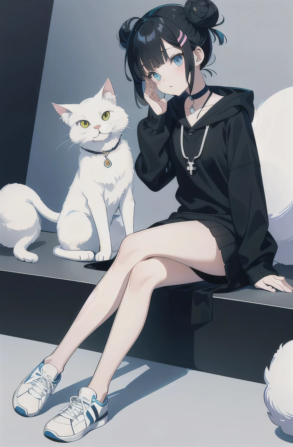((Best quality)), ((Masterpiece)), (Detailed), perfect face Tokyo Revengers style, short girl, black hair, black Bright hair, Two bun hair style, hair tied in a buns, The right eye is yellow, Left eye is blue, Two different colored eyes , cute eyes, Calm looks, Japanese black , short black dress, short black dress that is not narrow, not a tight dress, cute dress, gray hoodie on top, the hoodie zipper is open, necklace, cute necklace, heart necklace, leg warmer, white leg wearm , gray long sleeves, choker , Black short dress , cool white sneakers, cool shoes , skinny girl, Regular hairstyle, not a weird hairstyle, Show full body, she's sitting, she's holding a cat , sitting holding a white cat , One eye is yellow and the other is blue, The right eye is yellow, Left eye is blue, Only one girl, tokyo revengers art style, anime tokyo revengers