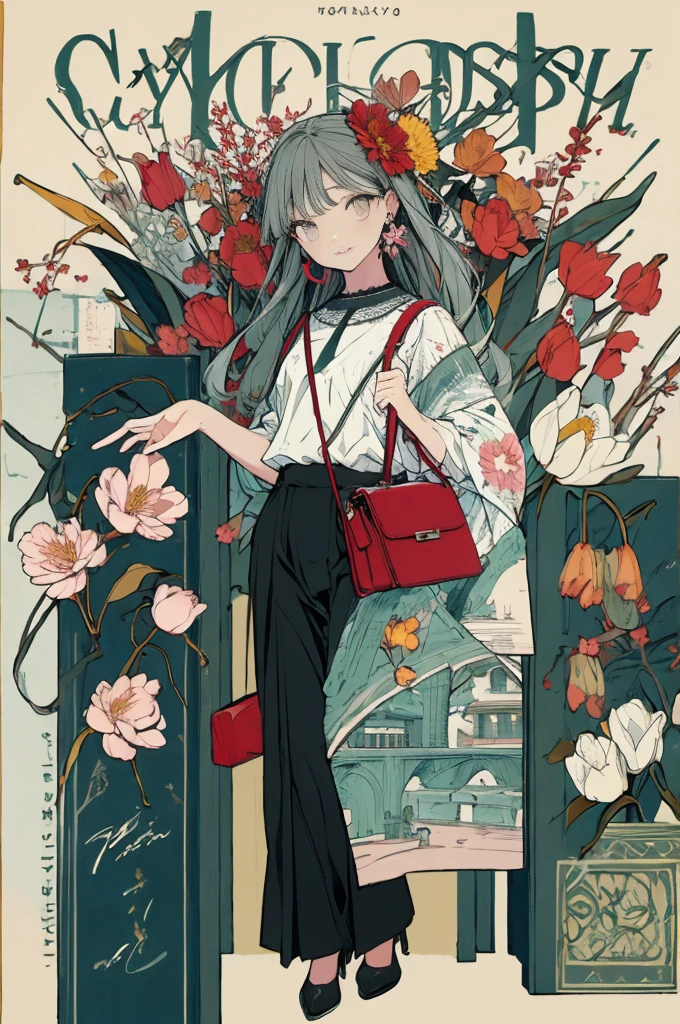 (masterpiece:1.2), highest quality,pixiv,sweet girl , 1 girl, flower, cup, have, bob hair, gray hair, bag, high heels, food, jewelry, earrings, looking at the viewer, smile, holding, long hair, inner color、alone, fruits, pants style， flower柄のshirt、handbag, gray eyes, Colorful shoes, bird, yellow flower, envelope, english text, full body, white flower, shirt,Are standing, cherry blossoms、colorful background、