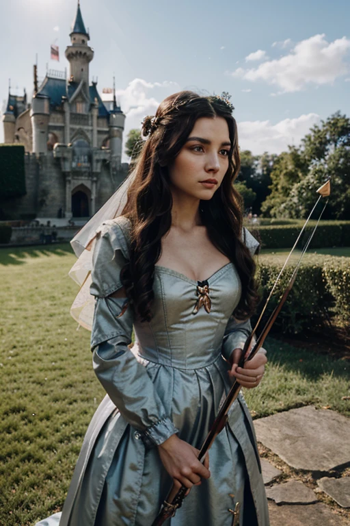 a warrior. a queen. in front of her dark castle. carrying a large bow in her hand. carrying pack of arrows on her back. wears elegant 1700s queen gown. long sleeves. siren eyes. hair: bride type 2a/wavy hair. bring an arrow!