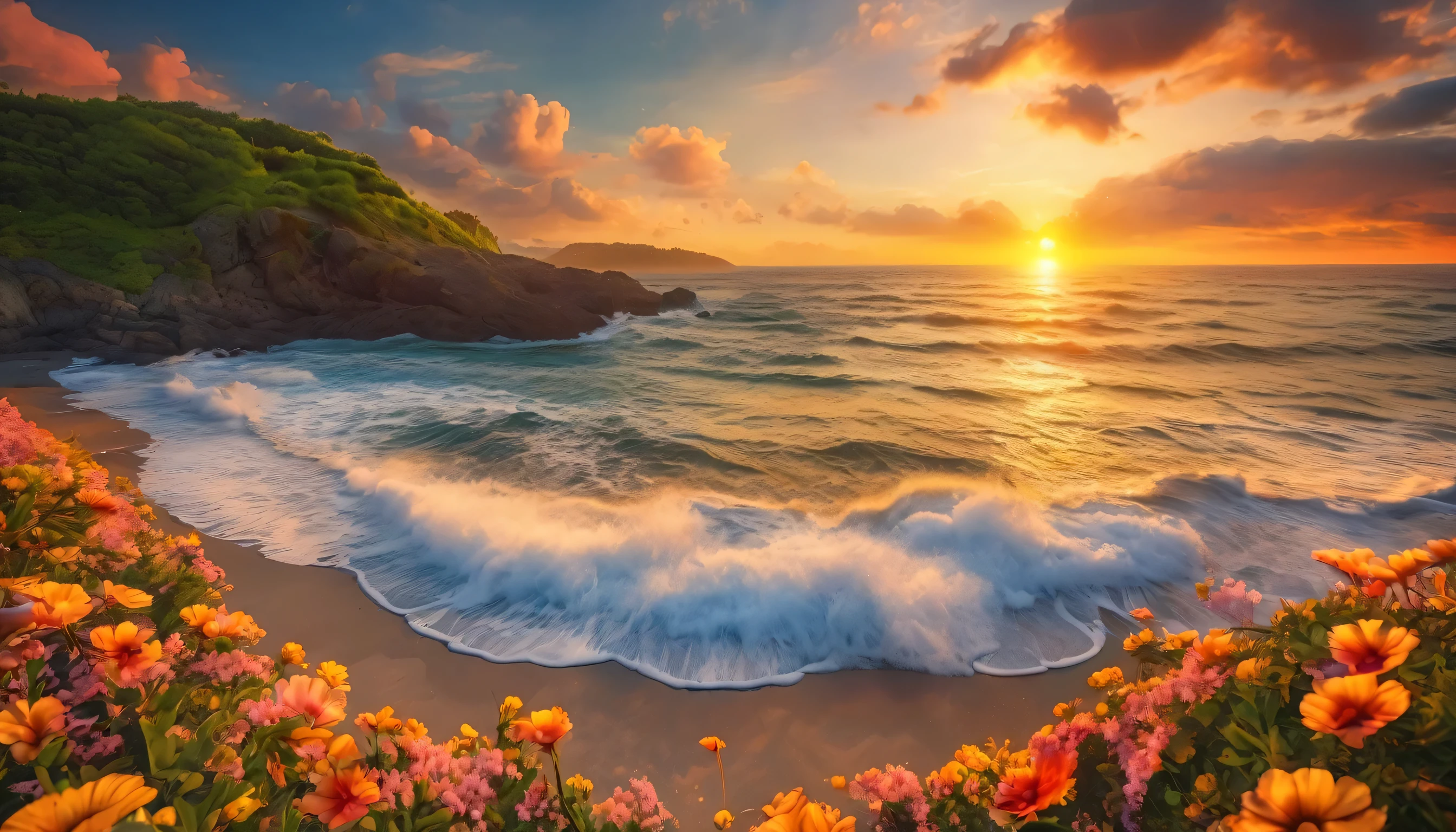 The background of the picture is peaceful by the sunset sea, and the sun was shining brightly, The waves crash against the beach, colorfyl Flowers bloom on the beach, Melodious sound, Strange clouds stand out, first-person view, panorama, UHD,(Best Quality),(Masterpiece Photos), (Details:1.4),(8k Highly Detailed)(Best Quality),(Best Shading)