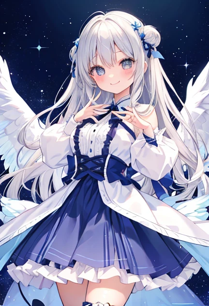 beautiful illustrations, highest quality, pretty girl,beautiful girl、clear face、 half girl、pastel colour ,silver hair、black eyes、smile、blush、にこやかなsmile、thighs、Angel、white wings、fantasy、fantasy、perfect hands、five fingers