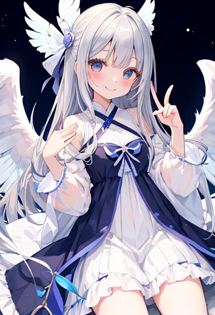 beautiful illustrations, highest quality, pretty girl,beautiful girl、clear face、 half girl、pastel colour ,silver hair、black eyes、smile、blush、にこやかなsmile、thighs、Angel、white wings、fantasy、fantasy、perfect hands、five fingers