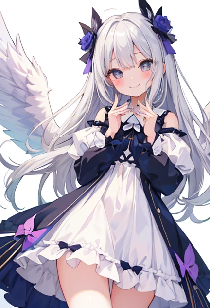 beautiful illustrations, highest quality, pretty girl,beautiful girl、clear face、 half girl、pastel colour ,silver hair、black eyes、smile、blush、にこやかなsmile、thighs、Angel、white wings、fantasy、fantasy、perfect hands、five fingers