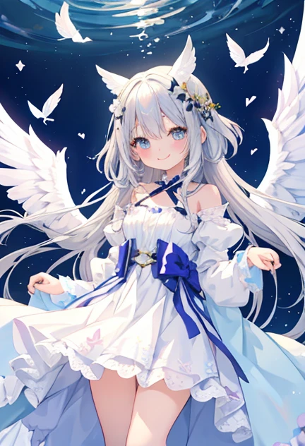 beautiful illustrations, highest quality, pretty girl,beautiful girl、clear face、 half girl、pastel colour ,silver hair、black eyes、smile、blush、にこやかなsmile、thighs、Angel、white wings、fantasy、fantasy、perfect hands、five fingers