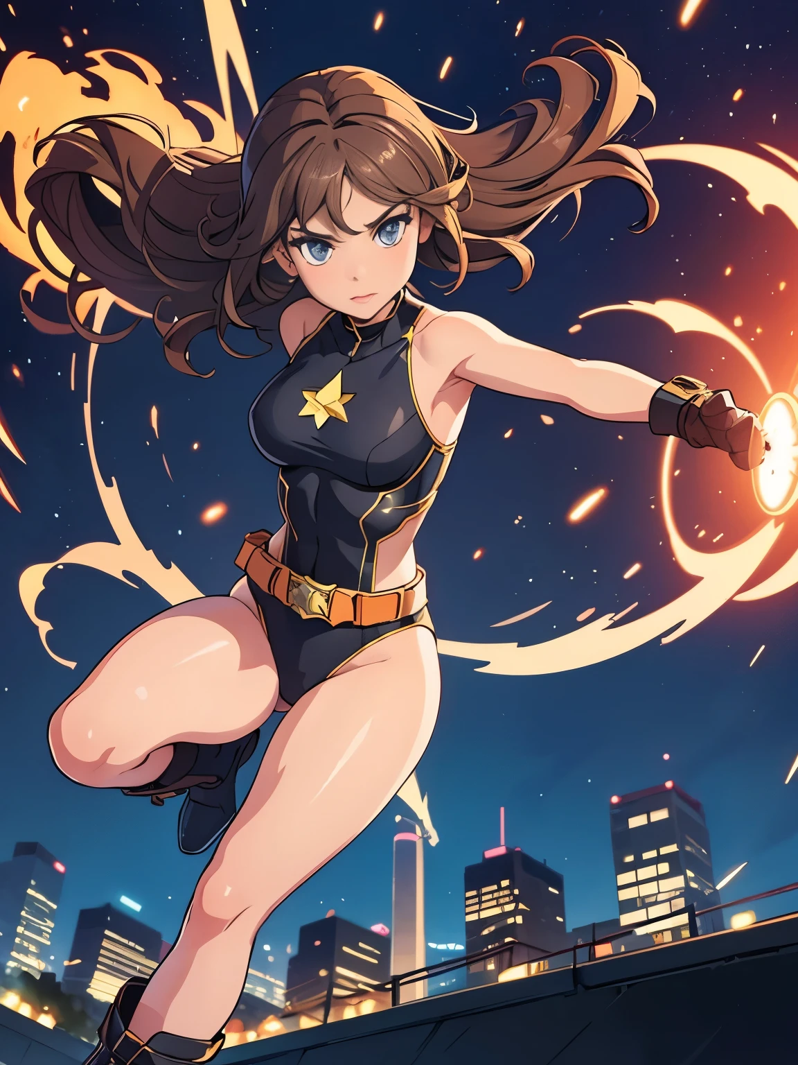 1girl, medium breasts, leotard, bare legs, tight belt, boots, matching boots, gloves, city backdrop, solo, single, full body shot, superhero, beautiful detailed eyes, mature lady, star symbol on chest, brown hair, high leg leotard, spinning her body in rapid speed like a tornado, wind swirls, rapid gyration, girl tornado spinning girl, turning to a whirlwind, outstretched arms, standing, spiral lines, spinning energy pulse, time warp.