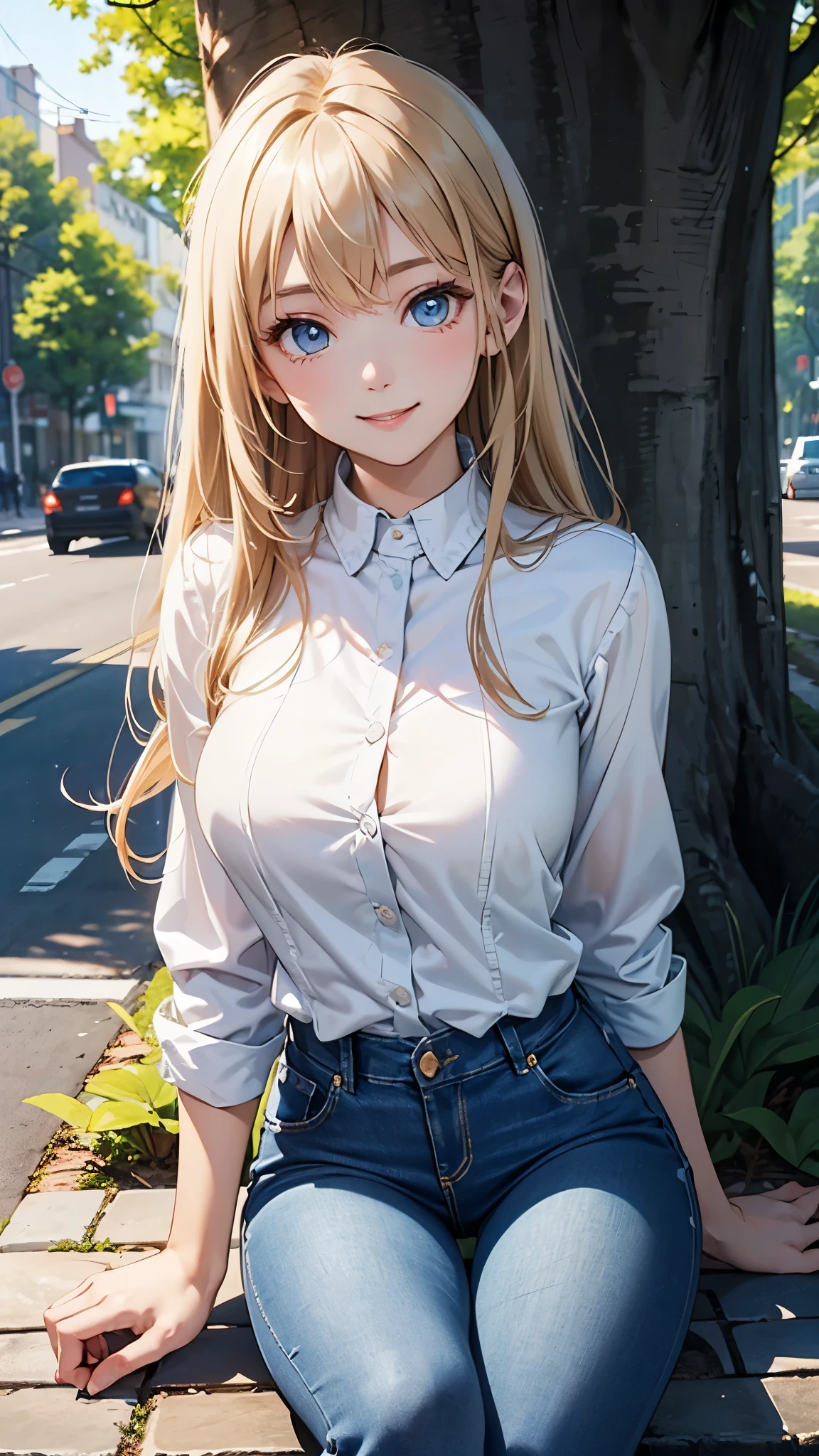 (Ultra high detail、highest quality、official art)、(attractive woman)、28 years old、blonde、straight hair、from head to knees、big bust、white cutter shirt、tight jeans、blue eyes、Big eyes、smile、Bright tree-lined avenue、(( （Delicate）An illustration））、Light、Light、