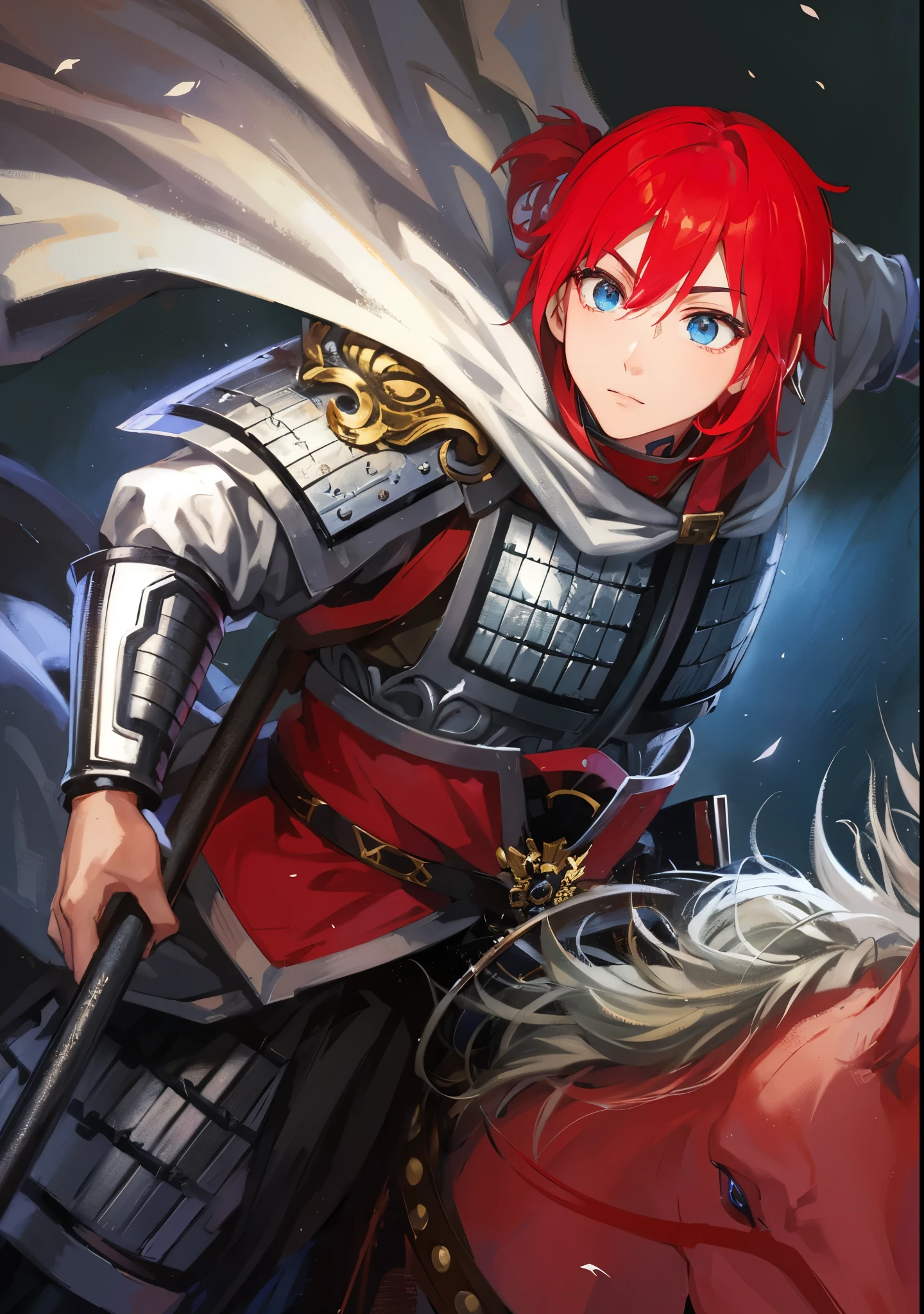 Red-haired anime character riding a red horse,手拿长枪骑着红马的handsome guy,Inspired by Zhao Yun,Inspired by the red-haired Chinese warrior Jiang Wei from Dynasty Warriors, fantasy style anime, wearing shining armor, 先进的数字动漫艺术”Anime Fantasy Artwork, Detailed anime character art, 斩妖除魔艺术中的handsome guy, shadow poetry style, wearing shining plate armor, Anime Fantasy Illustration, zero art, Anime Fantasy Artwork,Three Kingdoms style,Dynasty Warriors style,blue eyes,Red eyebrows,Dark red eyelashes,young general,Wearing a Chinese style helmet,handsome guy,Zhao Yun's helmet