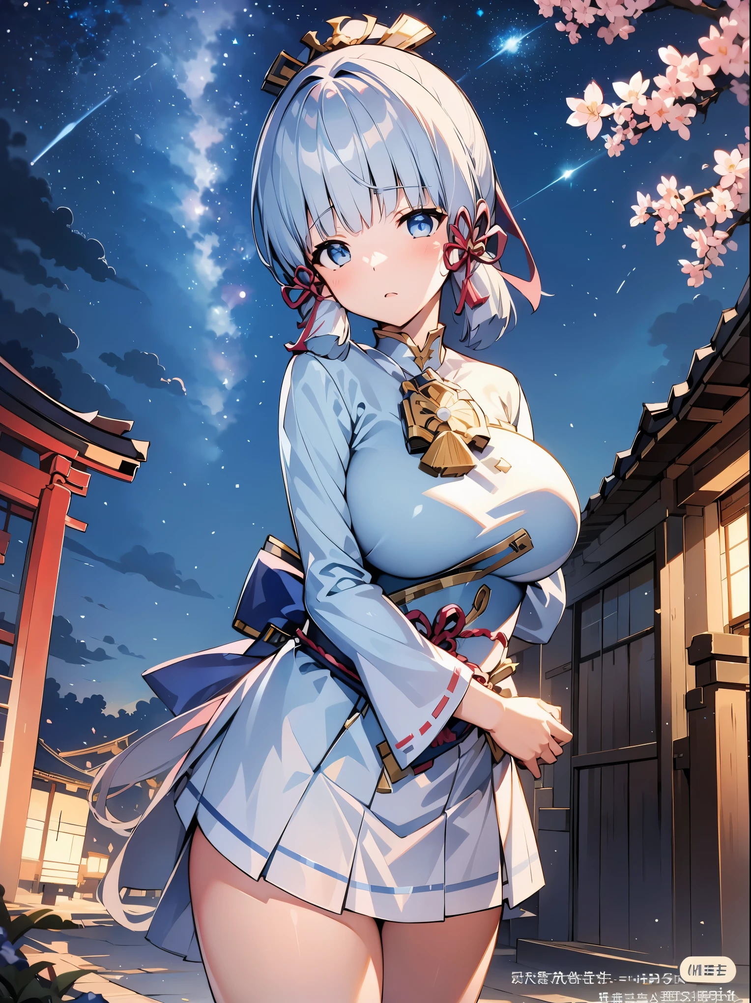 Kamisato Ayaka, 日本のshrineで艶かしく微笑むKamisato Ayaka, big breasts, Moonlight night, goofy face,masterpiece,shrine,Senbon Torii,freezing ice,水色の閃light,light,Lens flare,Light blue and white stripes々panties,Starry sky full of stars,milky way