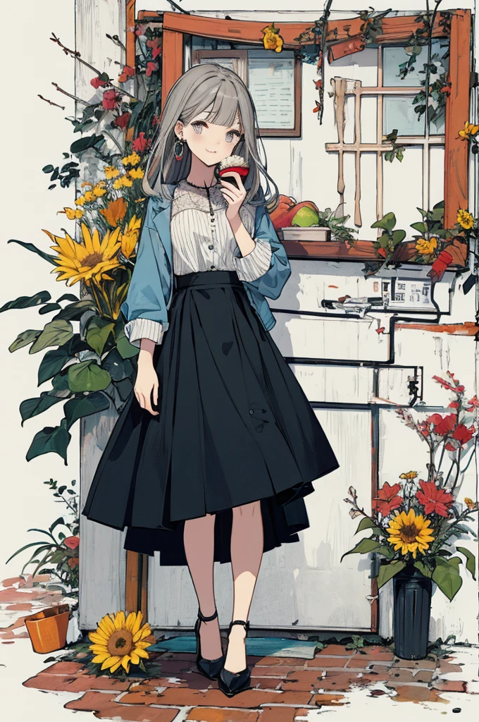 (masterpiece:1.2), highest quality,pixiv,sweet girl , 1 girl, flower, cup, have, bob hair, gray hair, bag, high heels, food, jewelry, earrings, looking at the viewer, smile, holding, long hair, inner color、alone, fruits, knee-length dress， handbag, gray eyes, Colorful shoes, bird, yellow flower, envelope, english text, full body, white flower, shirt,Are standing, valentine color、colorful background、