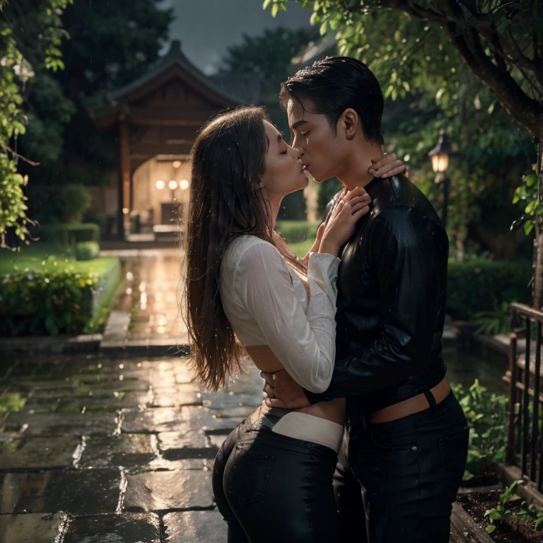 (blondes, ultra-realistic, lingerie, body, tight-fitting pants, black jeans, barefoot), (overview, full view, from head to toe), (garden, rain, sensual, kissing)
(high quality, 4k, ultra-detailed, realistic:1.37), (portrait, outdoor scene), (vivid colors, soft lighting), (raindrops, wet hair, wet clothes), (romantic atmosphere, intimate moment)
Please note that this prompt is automatically translated from Chinese to English, so some words may not accurately represent the intended meaning.