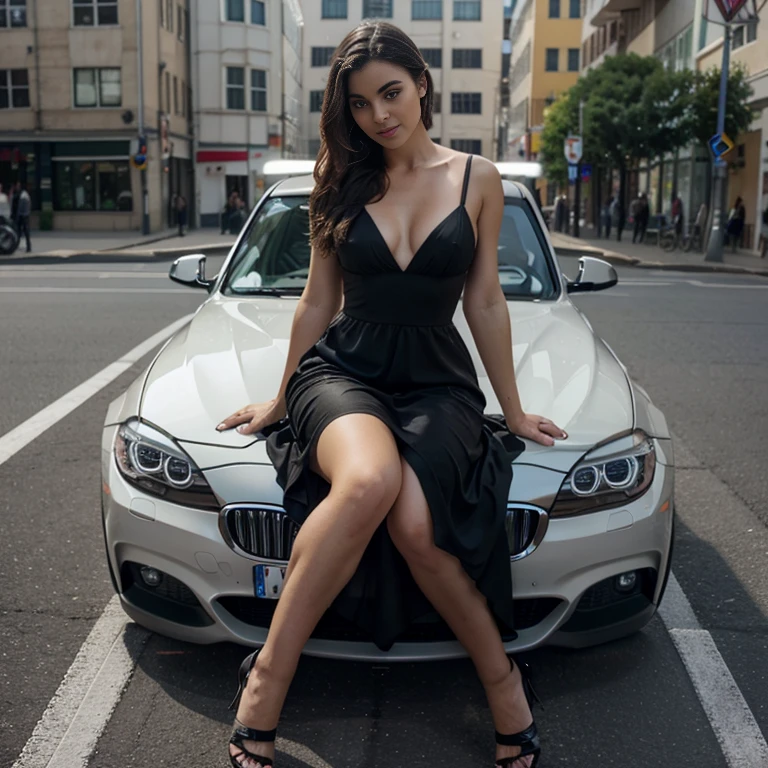 Sitting on a Bmw car wearing sexy dress
