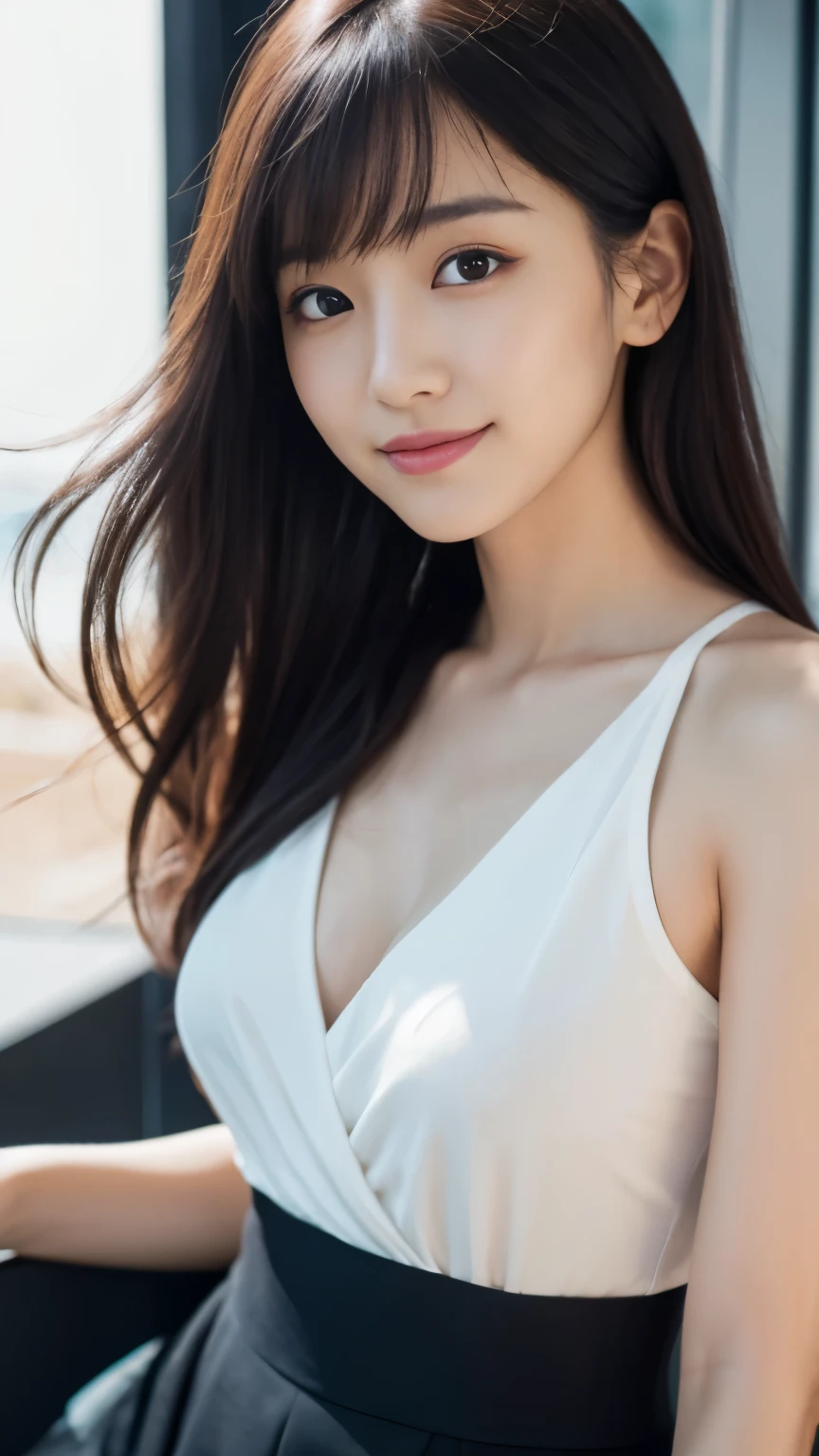 1 female，18-year-old，（numerical portrait：Mayu Yokota， Yuko Araki），black eye，beautiful face，（thin skeletal surface+delicate features、），非常にdetailed face，（delicate Japanese makeup）， black eyelash curls for long hair，（messy and layered， by bangs）， smile，Please look into the camera，fair and smooth skin，（optimal skin type：1.21），（clavicle：1.2），slim fit suits for women，V neck white short shirt，（deep v neck，big breasts），short hip wrap skirt，（realistic close-up photo of woman），thin waist、long legs，（slim body shape），street，（（Hasselblad Photos）），surreal pictures， Physically based rendering，professional lighting，exquisite details，detailed face，the picture is pure，perfect hands，perfect posture，ultra fine makeup，ultra-fine clothing material、live action、smile