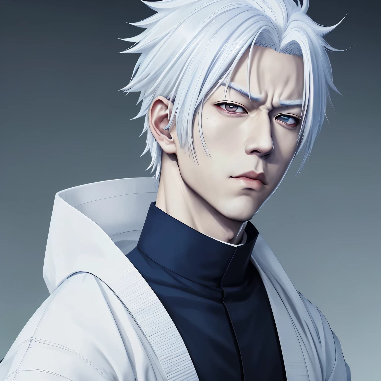 Gojo satoru from jujutsu kaisen, white hair, beautiful blue and white eyes with white lashes, dashing personality, handsome, anime