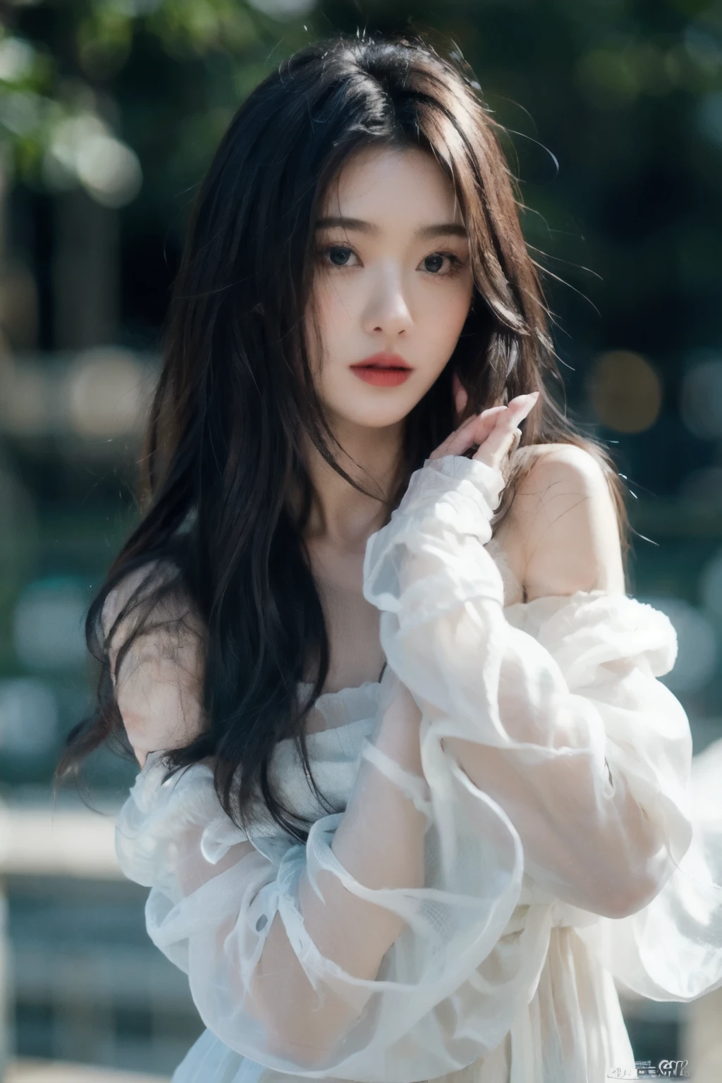 (masterpiece:1.2), best quality, high resolution, unity 8k wallpaper, (illustration:1.0), beautiful detailed eyes:, extremely detailed face, perfect lighting, extremely detailed CG,
1girl, black_eyes, black_hair, blue_background, blue_sky, brown_eyes, brown_hair, day, holding, lips, long_hair, looking_at_viewer, nose, ocean, outdoors, photorealistic, realistic, red_lips, solo, upper_body, sleeves_past_wrists,