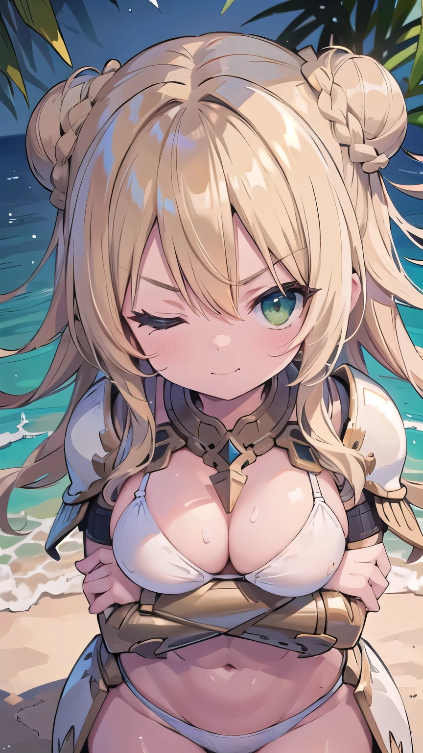 (masterpiece:1.2), (highest quality:1.2), perfect eyes, perfect face, perfect lighting, desert ((((white bikini armor)))), nsfw, 1 girl, blonde, yellow-green eyes, one eye closed, (((wavy hair))), bun_head, medium hair, cute eyes looking at the viewer ((From above)), ((abs)), (fang), sweat, closed mouth, (((glaring))), ((contemptuous)), ((smile)), contrapposto, crossed arms, ((big breasts))
