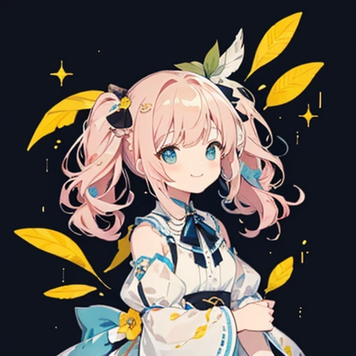 transparent watercolor、girl、jewel eyes、beautiful arrangements and motifs、written boundary depth、flat avatar, 1girl, smile, light pink hair((left and right braids、,short twin tails,wavy hair)), hair with white tips, Fashionable design clothes((blue and white)),background white, かわいいgirl、Yellow theme、lemonade、Lemon Hair Ornament、autumn leaves、transparent dress、fluffy dress、transparent feather robes、Yellow transparent、glitter lemon、beautiful girl、smile gently、transparent cloth、exposed、Summery、yellow and green、cheerful girl、Banzai