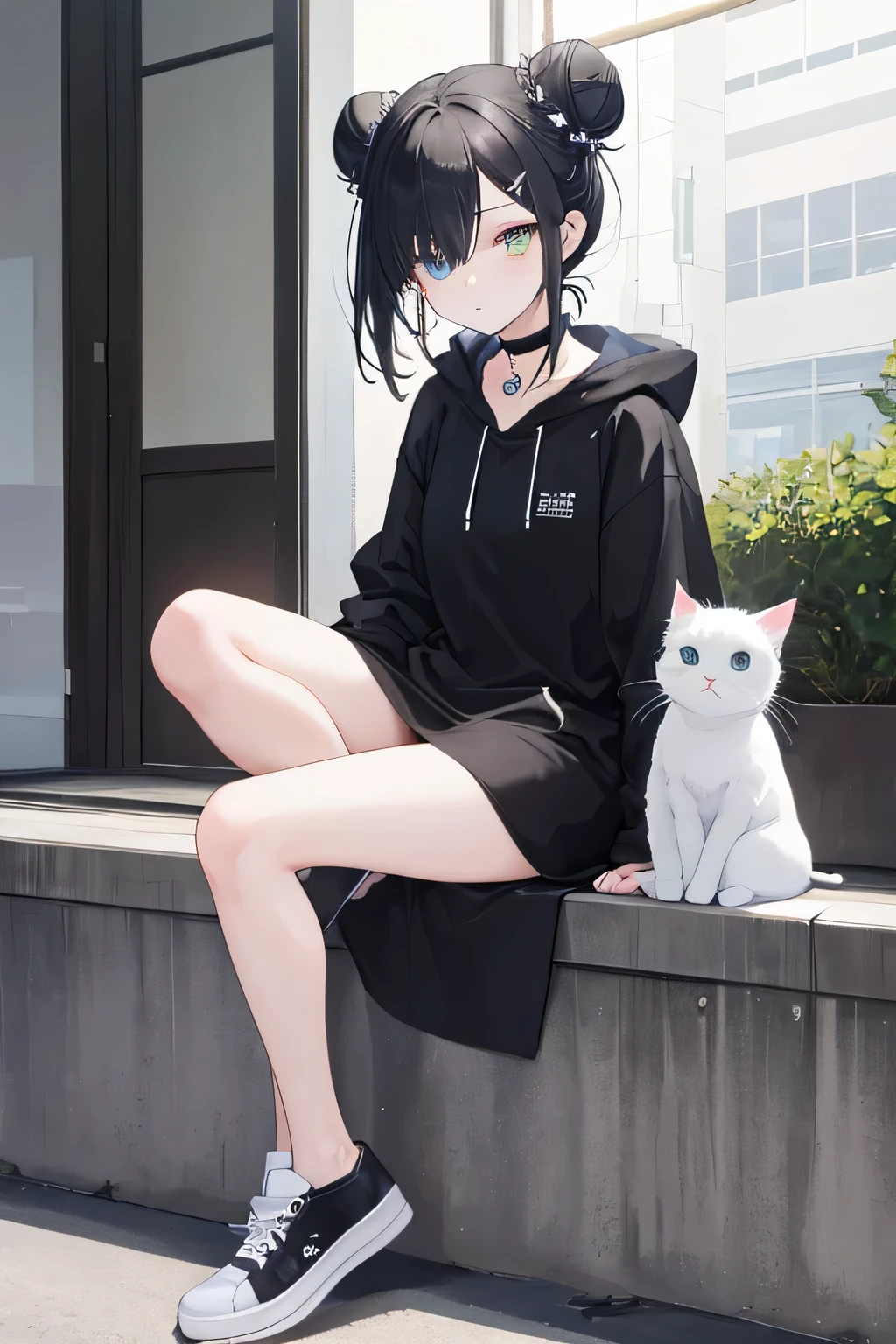 ((Best quality)), ((Masterpiece)), (Detailed), perfect face Tokyo Revengers style, short girl, black hair, black Bright hair, Two bun hair style, hair tied in a buns, The right eye is yellow, Left eye is blue, Two different colored eyes , cute eyes, Calm looks, Japanese black , short black dress, short black dress that is not narrow, not a tight dress, cute dress, gray hoodie on top, the hoodie zipper is open, necklace, cute necklace, heart necklace, leg warmer, white leg wearm , gray long sleeves, choker , Black short dress , cool white sneakers, cool shoes , skinny girl, Regular hairstyle, not a weird hairstyle, Show full body, she's sitting, she's holding a cat , sitting holding a white cat , One eye is yellow and the other is blue, The right eye is yellow, Left eye is blue, Only one girl, tokyo revengers art style, anime tokyo revengers