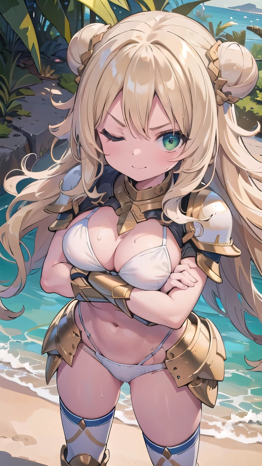 (masterpiece:1.2), (highest quality:1.2), perfect eyes, perfect face, perfect lighting, desert ((((white bikini armor)))), nsfw,　1 girl, blonde, yellow-green eyes, one eye closed, (((wavy hair))), bun_head, medium hair,  cute eyes　looking at the viewer　((From above)), ((abs)), (fang), sweat, closed mouth, (((glaring))), ((contemptuous)), ((smile)), contrapposto, crossed arms, ((big breasts))