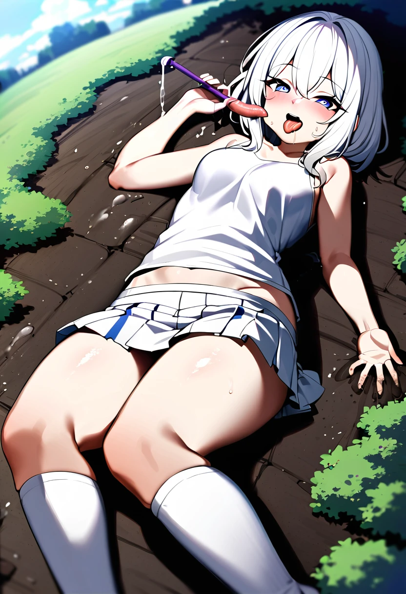 huge,age girl,white hair,short skirt,teasing,A girl several thousand meters high,Wearing white knee socks,Lying on the ground,Toyed around,teasing,Licking the ground with tongue,A tongue higher than the clouds