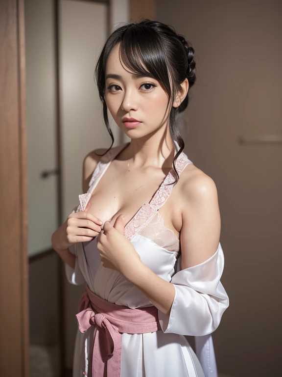 1 realistically beautiful girl, waist length hair, black eyes, ancient Ao Dai, style hanfu, wearing a thin silk shirt of ancient China, pink and smooth white skin, wearing a discreet ancient style ao dai, appears shoulders and head in the photo,cute little face, eye bags under wet makeup, plump red lips, pout, mouth shut, embarrassed, small face makeup detailed and very beautifull, The breasts are super round and tight, breast augmentation, blum , Cover the girl's chest with a camisole inside, blush, from front, wear earrings, necklaces, from above, looking at viewer, upturned eyes, full body, masterpiece, top quality, best quality, official art, unity 8k wallpaper, highres, ultra-high res, ultra-detailed, (photorealistic:1.2), alone, solo, Only 1 girl, style hanfu Dunhuang, 10x pixels, super realistic, ultra high quality, full body view of the girl, upper body, (small breasts) 
