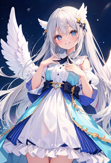 beautiful illustrations, highest quality, pretty girl,beautiful girl、clear face、 half girl、pastel colour ,silver hair、black eyes、smile、blush、にこやかなsmile、thighs、Angel、white wings、fantasy、fantasy、perfect hands、five fingers、semi-long