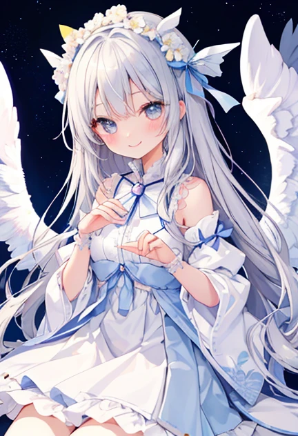 beautiful illustrations, highest quality, pretty girl,beautiful girl、clear face、 half girl、pastel colour ,silver hair、black eyes、smile、blush、にこやかなsmile、thighs、Angel、white wings、fantasy、fantasy、perfect hands、five fingers、semi-long