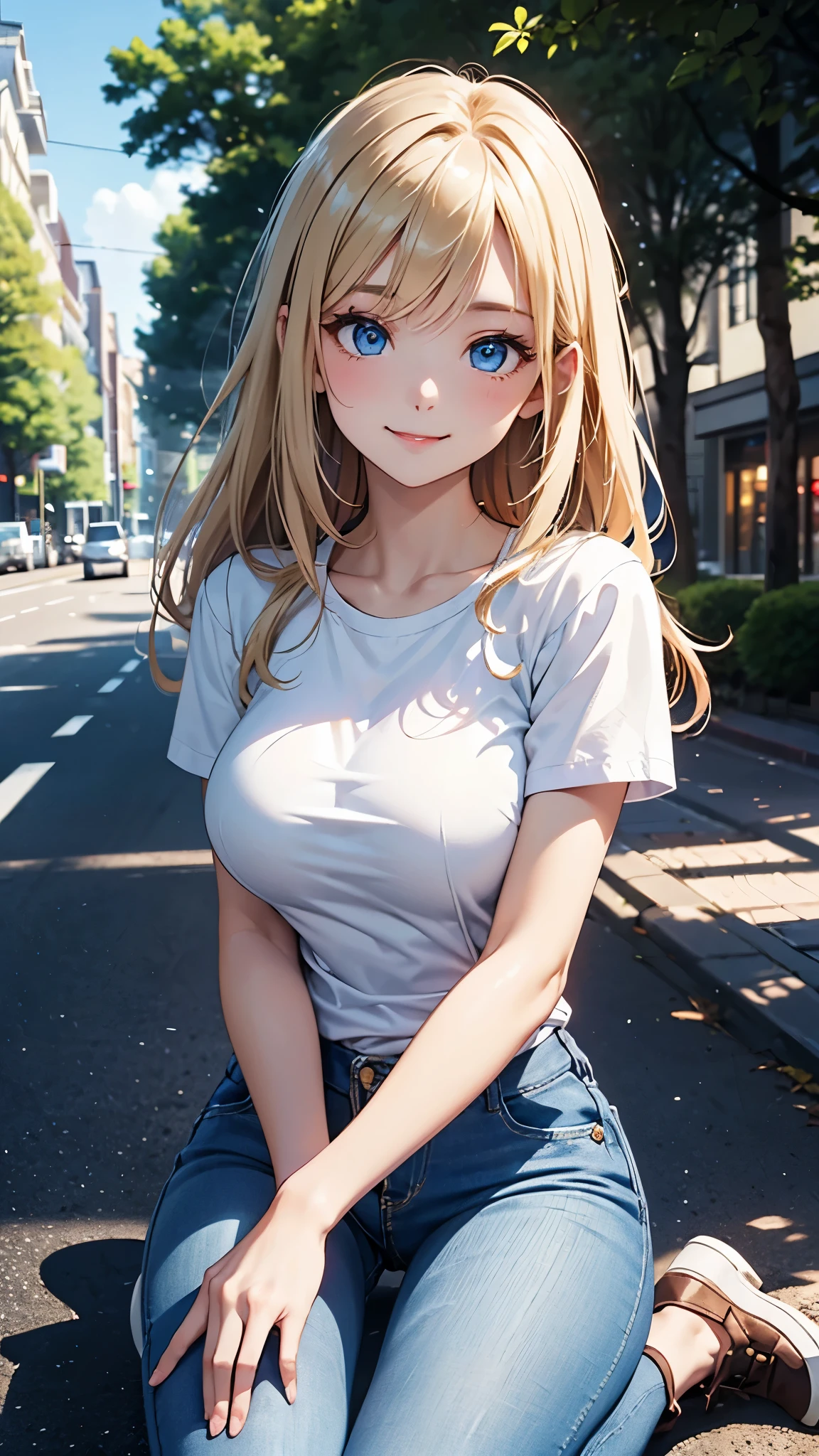 (Ultra high detail、highest quality、official art)、(attractive woman)、28 years old、blonde、straight hair、from head to knees、big bust、white cutter shirt、tight jeans、blue eyes、Big eyes、smile、Bright tree-lined avenue、(( delicate illustrations))、Light、Light、