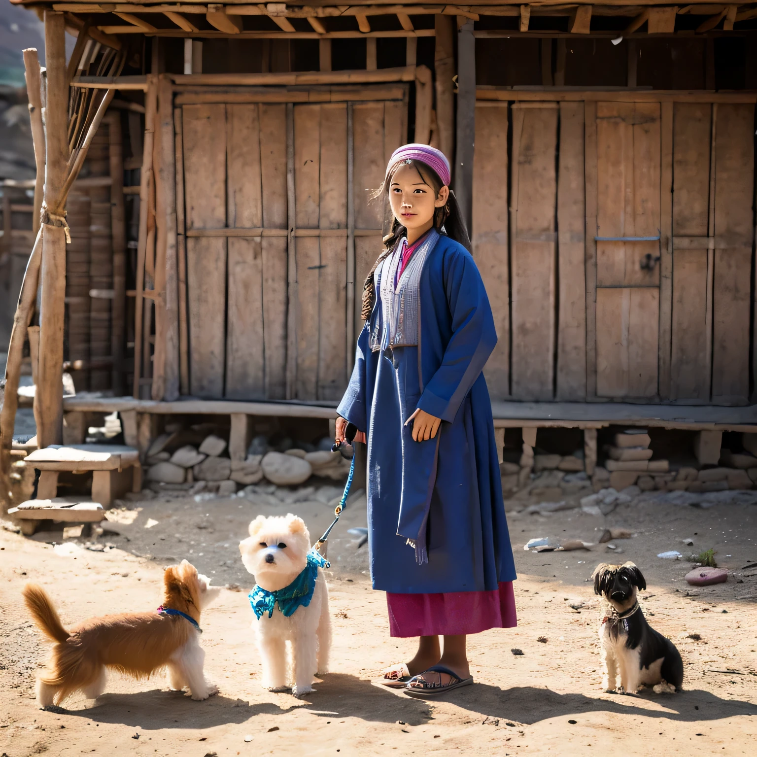 A beautiful pamiri girl of Badakhshan province of Afghanistan standing behind her dog