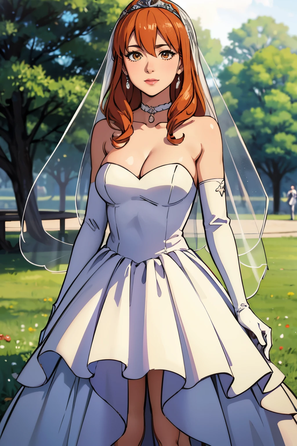 celica fe, hair between eyes, ahoge, orange hair, star \(symbol\), hair ornament, dress, cleavage, bare shoulders, collarbone, long white elbow gloves, white gloves, white ruffled dress, white choker, strapless, tiara, veil, strapless dress, wedding dress, bridal veil, beautiful woman, perfect body, perfect breasts, wearing a wedding dress, ball gown, in the park trees, wedding decorations, a warm smile, realism, masterpiece, textured skin, super detail, high detail, high quality, best quality, 1080p, 16k