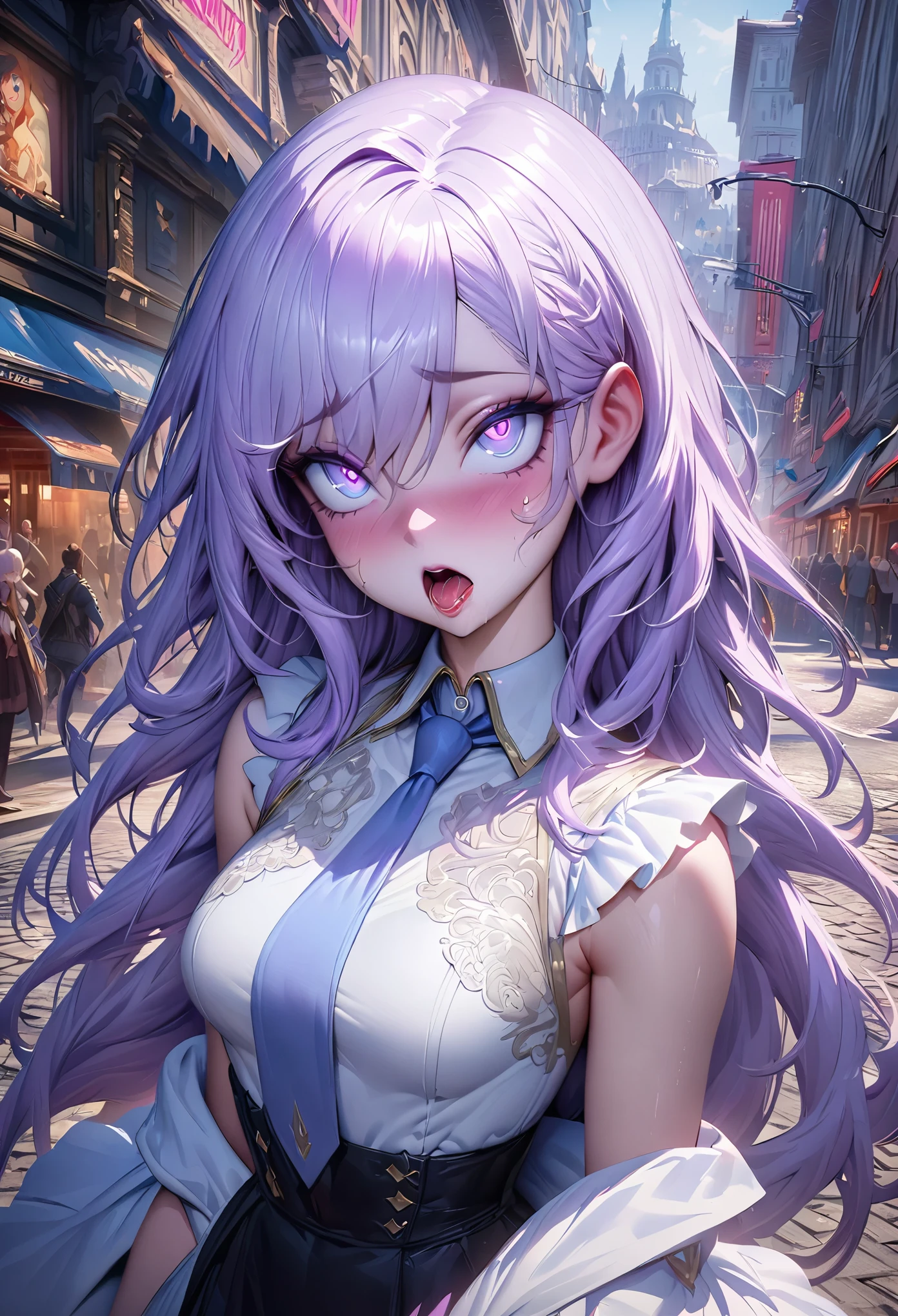Anime girl with long hair and blue eyes standing on the city street, Hot Trends in ArtStation Pixiv, purple eyes, blue tie, fair (delicate eyes, Detailed face,) ahegao, Yuradev, Noble temperament, High heel, No watermark