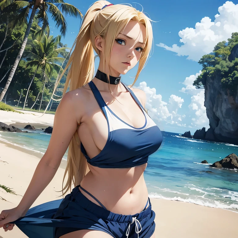 (masterpiece),Best quality,good anatomy, (1 girl:1), blue closed top, neck closed, shorts, navel, Ino Yamanaka, Naruto Shippuden , realistic face, Blue eyes, blonde hair, costs, (full height), anime,(bottom view),semi camera, (mouth closed),hair in a ponytail ,(ecchi0.5), (Beach),(sea)