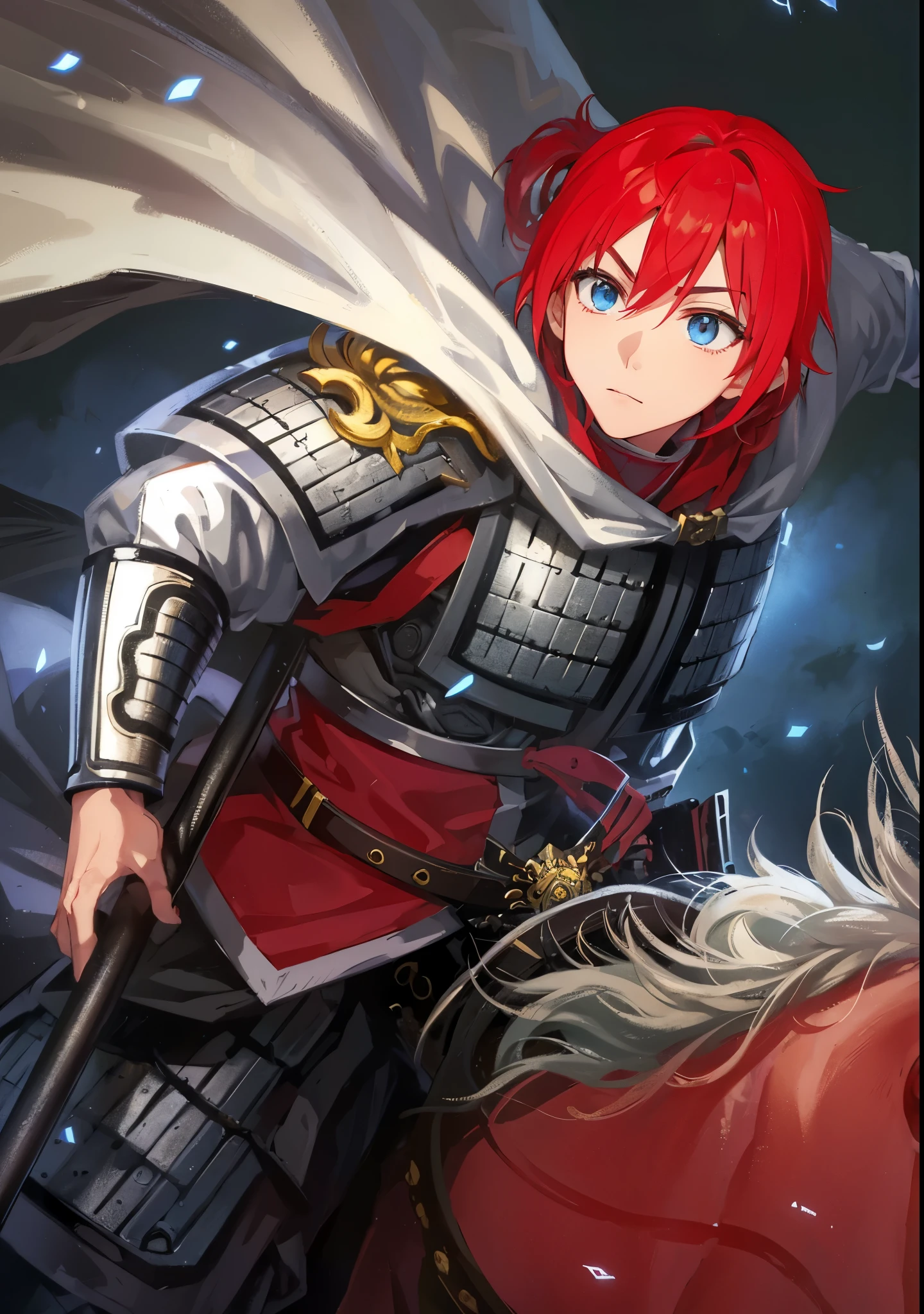 Red-haired anime character riding a red horse,手拿长枪骑着红马的handsome guy,Inspired by Zhao Yun,Inspired by the red-haired Chinese warrior Jiang Wei from Dynasty Warriors, fantasy style anime, wearing shining armor, 先进的数字动漫艺术”Anime Fantasy Artwork, Detailed anime character art, 斩妖除魔艺术中的handsome guy, shadow poetry style, wearing shining plate armor, Anime Fantasy Illustration, zero art, Anime Fantasy Artwork,Three Kingdoms style,Dynasty Warriors style,blue eyes,Red eyebrows,Dark red eyelashes,young general,Wearing a Chinese style helmet,handsome guy,Zhao Yun's helmet