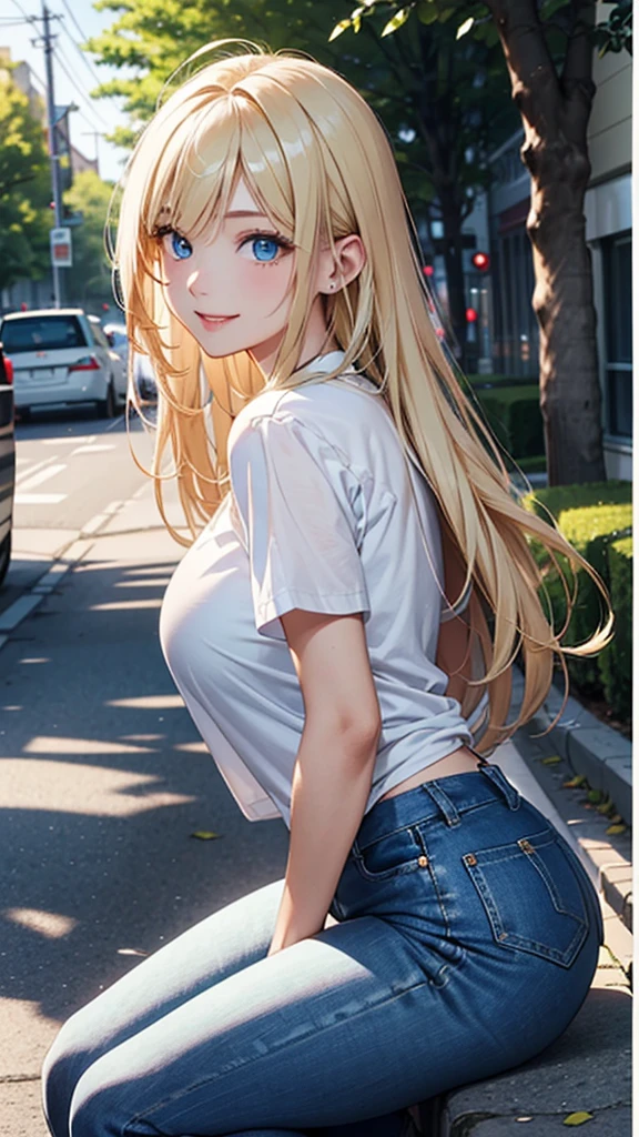 (Ultra high detail、highest quality、official art)、(attractive woman)、28 years old、blonde、straight hair、from head to knees、turn to the side、big bust、white cutter shirt、tight jeans、blue eyes、Big eyes、smile、Bright tree-lined avenue、(( delicate illustrations))、Light、Light、