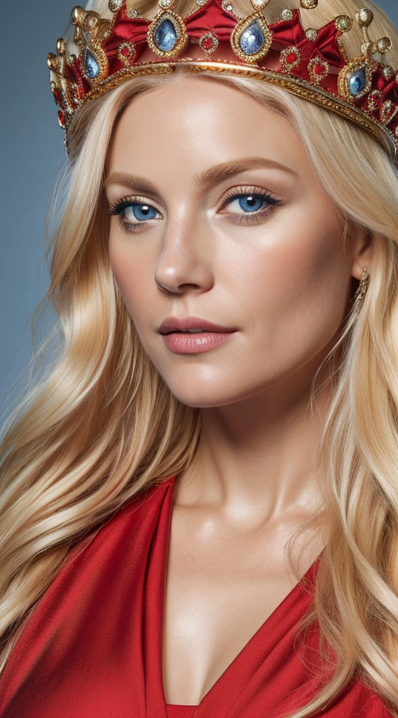 (8k, RAW photo, maximum quality), (A blonde woman) (35 years old), (queen's crown on head), ((red dress)), ((blonde)) close-up, (detailed eyes: 0.8), (looking at the camera: 1.4), (maximum quality), (best shadow), intricate details, dark-blue background