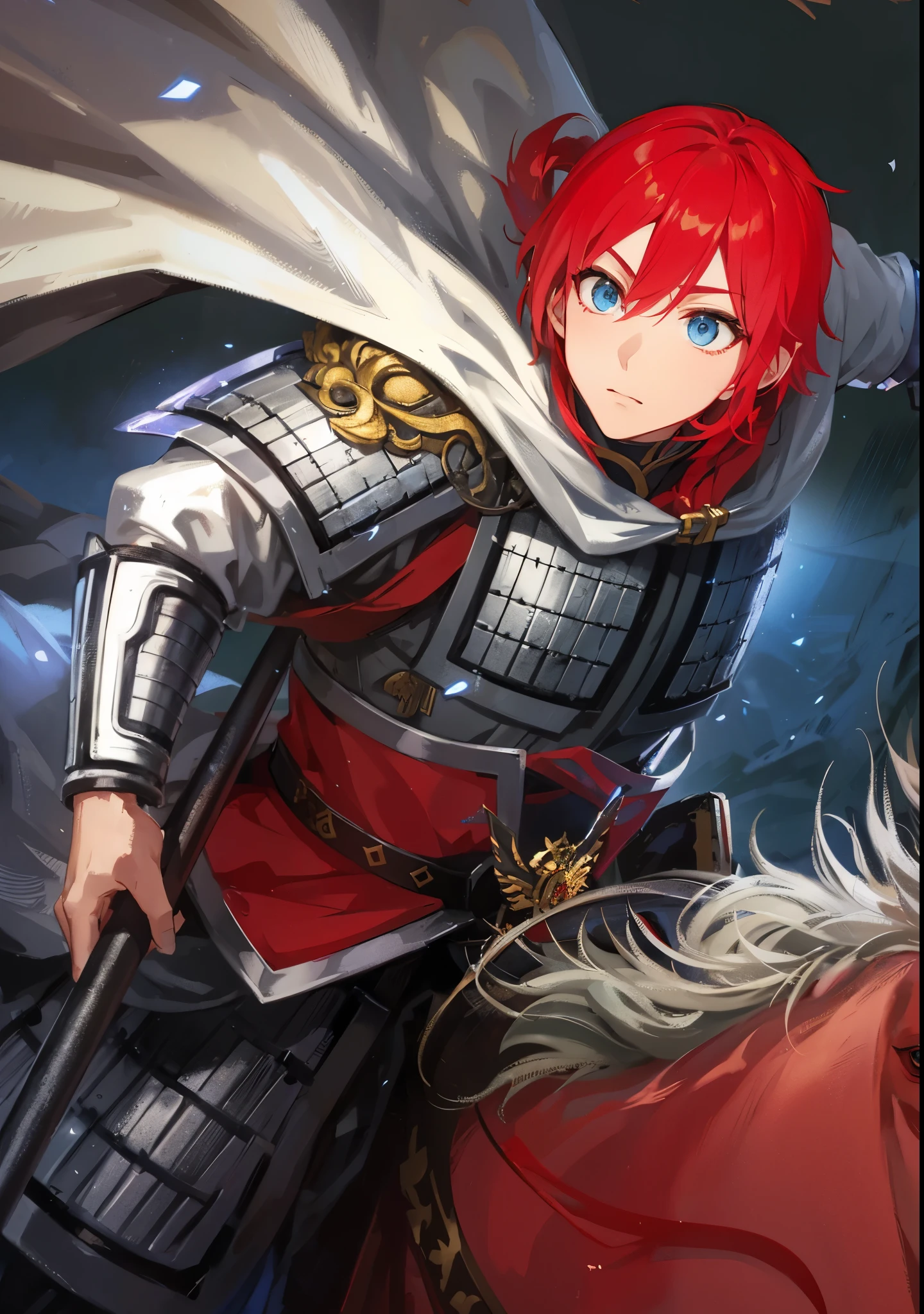 Red-haired anime character riding a red horse,手拿长枪骑着红马的handsome guy,Inspired by Zhao Yun,Inspired by the red-haired Chinese warrior Jiang Wei from Dynasty Warriors, fantasy style anime, wearing shining armor, 先进的数字动漫艺术”Anime Fantasy Artwork, Detailed anime character art, 斩妖除魔艺术中的handsome guy, shadow poetry style, wearing shining plate armor, Anime Fantasy Illustration, zero art, Anime Fantasy Artwork,Three Kingdoms style,Dynasty Warriors style,blue eyes,Red eyebrows,Dark red eyelashes,young general,Wearing a Chinese style helmet,handsome guy,Zhao Yun's helmet